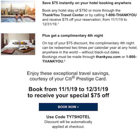 Citi Prestige Promo: $75 Off $750+ Hotel Bookings With Code Ty75hotel 